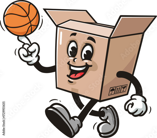 Cardboard box mascot cartoon playing basketball