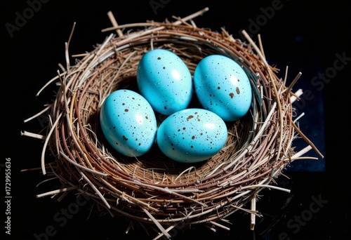 Close-Up of a Rustic Bird Nest Cradling Four Speckled Blue Eggs Against a Sleek Black Background, Representing Spring, New Beginnings, and Nature's Artistry