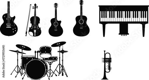Music instrument silhouettes — guitar, piano, drums, violin, trumpet — band ensemble icons for concert, school, or studio design on white background.