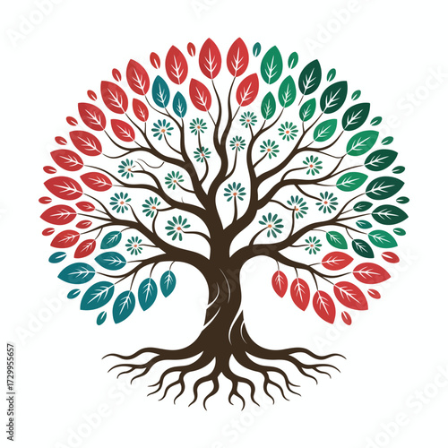 Vibrant abstract tree of life symbolizing growth seasons and natural cycles with colorful leaves and intricate roots illustration