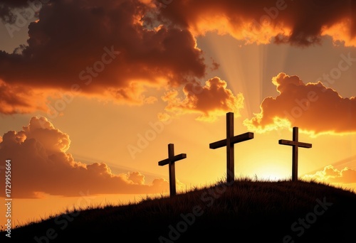 Three Crosses Silhouetted Against a Dramatic Sunset Sky with Golden Clouds Creating a Serene and Contemplative Atmosphere over a Peaceful Landscape