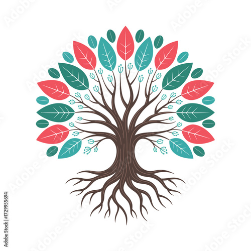 Stylized tree of life with vibrant red and teal leaves and intricate root system illustration