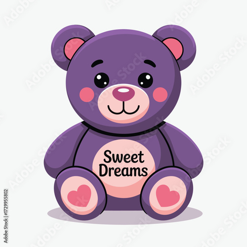 Adorable purple teddy bear with sweet dreams message sitting peacefully ready for cozy bedtime adventures illustration