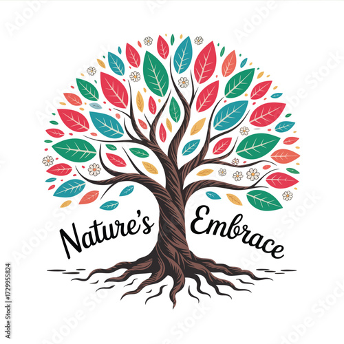 Vibrant tree of life symbolizing growth and nature's embrace with colorful leaves and roots illustration