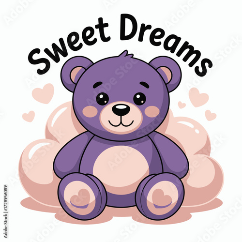 Adorable purple teddy bear sitting on soft clouds with sweet dreams text for nursery decor illustration