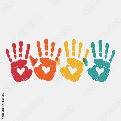 Colorful handprint heart designs symbolizing unity diversity and love togetherness illustration