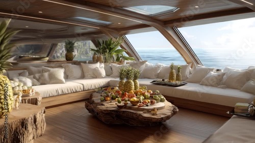 Luxury yacht interior with ocean view and tropical fruit arrangement