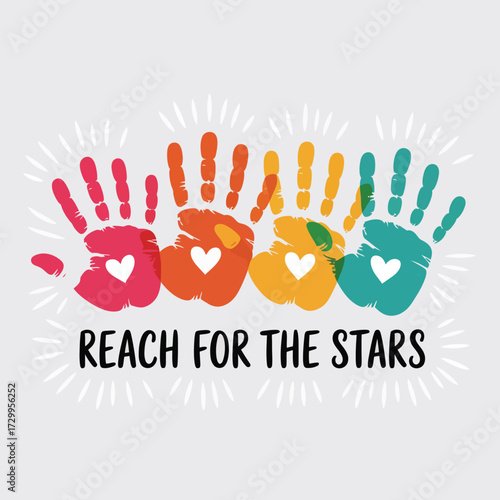 Colorful handprints with hearts reaching for stars inspiring unity and hope for children's education illustration