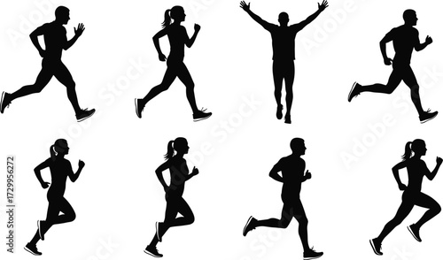 Silhouette runners in motion — male and female athletes sprinting, celebrating victory, dynamic fitness icons, isolated on white background for sports design.