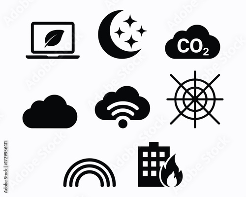 Diverse Iconography Representing Environmental Concerns Technology Weather Patterns and Disasters A Variety of Symbols Depicting our Relationship with the Environment