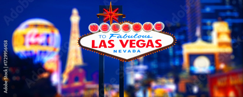 Welcome To Fabulous Las Vegas Sign With Beautiful City Lights at Sunset