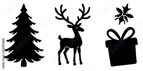 Vector Silhouette Set of Festive Icons Christmas Tree Gift Box and Reindeer