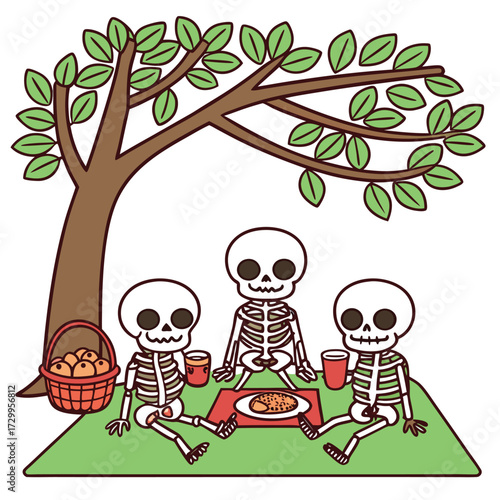 Three friendly cartoon skeletons enjoy a picnic under a lush tree with transparent background