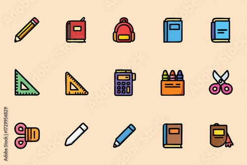 Collection of colorful school supplies icons on a light background