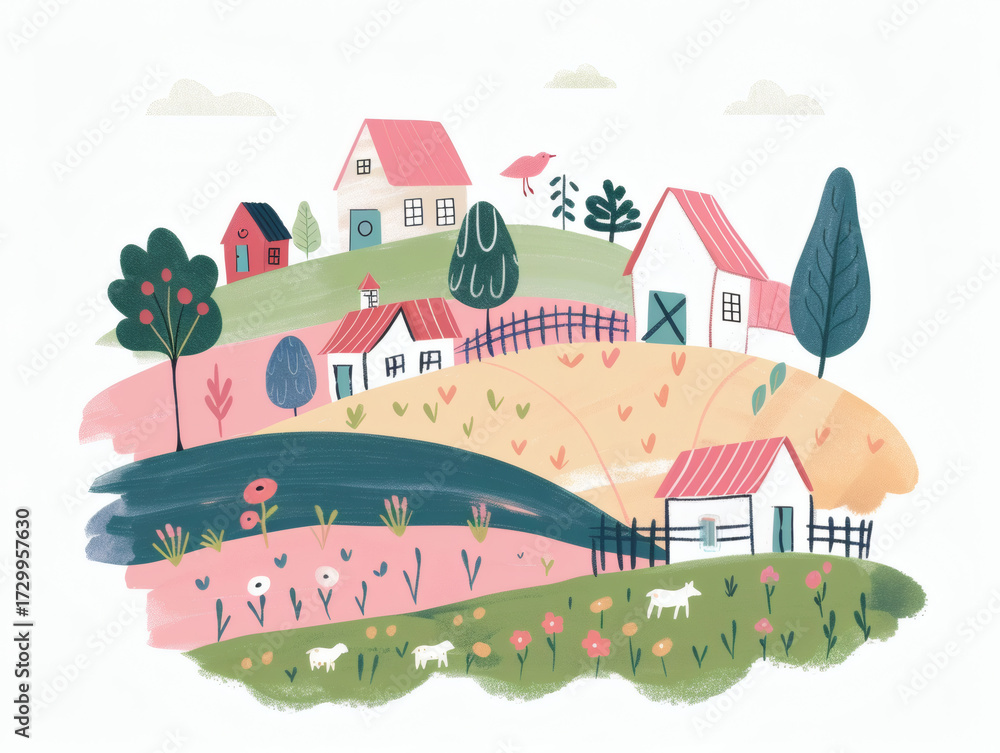 Naklejka premium Rustic village farm drawing in color sketch, AI generated