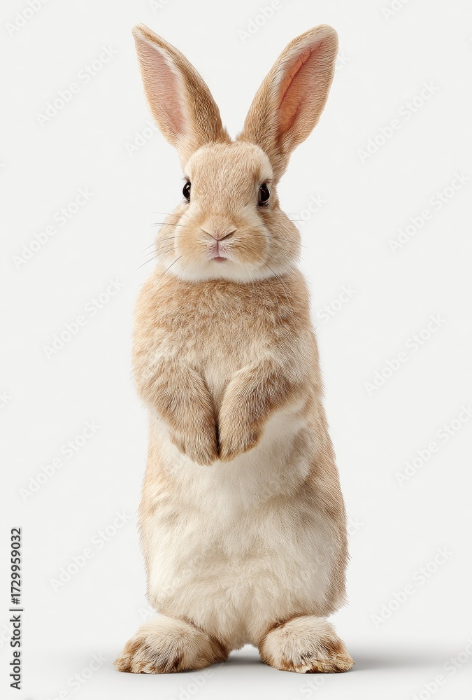 Fototapeta premium Adorable rabbit standing upright against white background studio shot