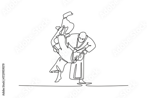 Continuous one line drawing dynamic Aikido throw, with one male figure lifting his partner completely off ground, over his hip, power and technique. Single line draw design vector graphic illustration