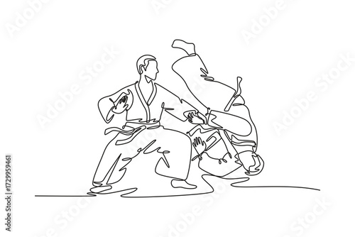 Continuous one line drawing dynamic Aikido throw, with one male figure controlling his partner's momentum as he executes breakfall, fluid control. Single line draw design vector graphic illustration