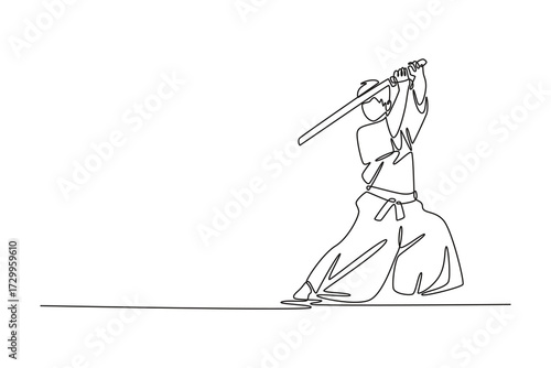 Single continuous line drawing man in low stance holds sword high overhead, poised for powerful strike, focus and grounded power of Aikido weapon form. One line draw graphic design vector illustration