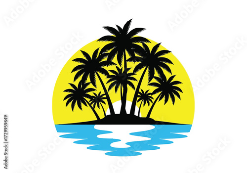 Vector illustration of illustration of silhouette of palm trees on an island with a yellow sun and blue water