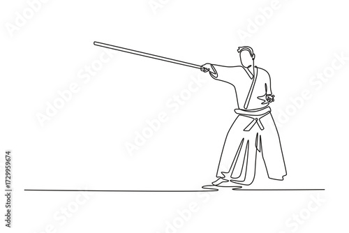 Single continuous line drawing man in low stance holds long staff extended in powerful forward thrust, focus and strength Aikido weapon form. Dynamic one line draw graphic design vector illustration
