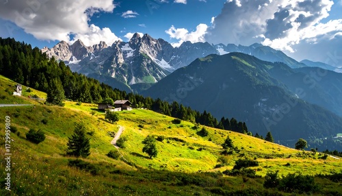 Fototapeta Naklejka Na Ścianę i Meble -  Alpine meadow landscape under a sunny sky