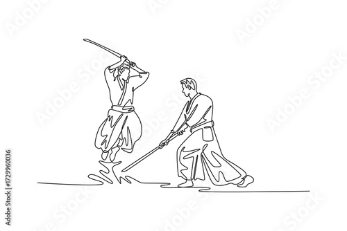 Single continuous line drawing two men in weapon drill, one figure attacking while airborne with sword, the other countering from low, grounded stance. One line draw graphic design vector illustration