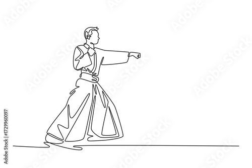 Single one line drawing man in traditional uniform in low stance, delivering focused punch, disciplined power and readiness of aikido posture. Continuous line draw design graphic vector illustration