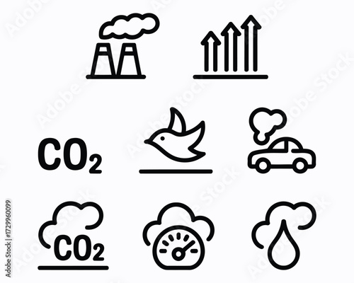 Illustrative Icons Depicting Environmental Issues Including Pollution, Carbon Emissions, Renewable Energy, and the Impact on Nature and Water Resources in Bold Line Art