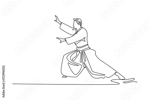 Single one line drawing male athlete in a low, wide, defensive stance, arms outstretched, grounded stability, focused energy of Aikido posture. Continuous line draw design graphic vector illustration