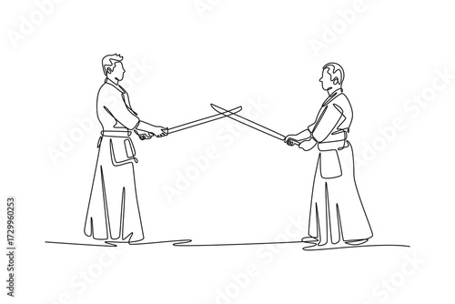 Single continuous line drawing two men in aikido standoff, their training swords crossed, capturing the tense moment of disciplined sparring. Dynamic one line draw graphic design vector illustration