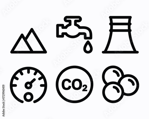 Environmental Awareness Icons Depicting Climate Change and Sustainability Indicators Including Mountains, Water Conservation, Industrial Emissions, and Carbon Dioxide Reduction Strategies