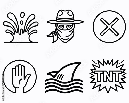 Cartoon Style Iconography of Water Splash a Bandit Shark Fin a Hand an Explosion and a Cancelled Symbol for Designs
