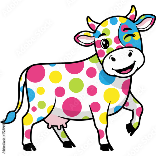 A cheerful cartoon cow mascot with colorful polka dots, winking and smiling. Isolated colorful cartoon vector art on a white background, perfect for logos, stickers or children's clothing.