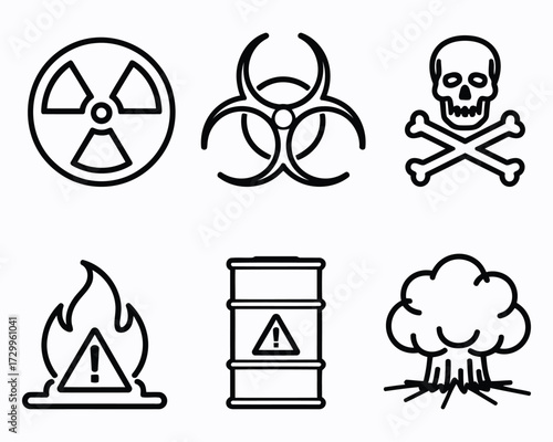 Collection of Dangerous Symbols Depicting Hazard Warnings Including Radiation, Biohazard, Poison, Fire, Toxic Waste, and Explosion to Alert of Possible Danger