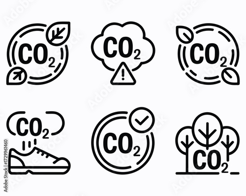 Illustrative Icons Depicting Carbon Dioxide Emissions Reduction and Environmental Impact Mitigation Strategies for Sustainable Practices and Ecological Responsibility Enhancement Initiatives Globally