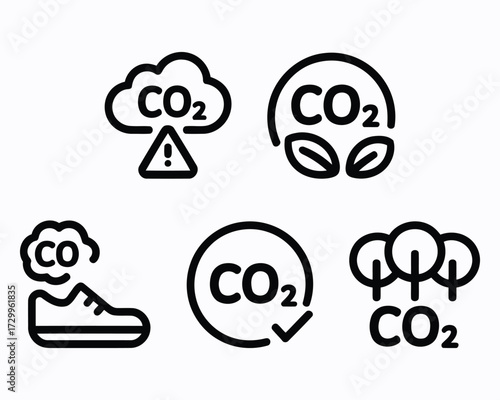 Collection of Carbon Dioxide Emissions Icons Symbolizing Pollution Reduction and Environmental Awareness for a Sustainable Future and Preserving the Environment