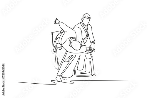 Single one line drawing two men performing aikido throw, with one figure executing a hip toss, fluidity and precise mechanics of the technique. Continuous line draw design graphic vector illustration