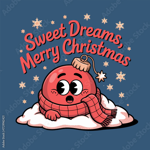 Sweet dreams merry Christmas sleepy snow blob, cozy scarf and hat mascot, cute winter cartoon, festive greeting vector