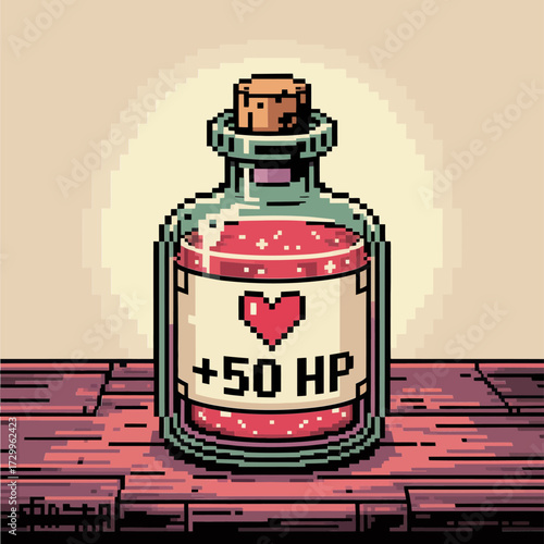 Pixel health potion bottle, heart label with plus fifty hit points, retro game item, wood table, nostalgic vector
