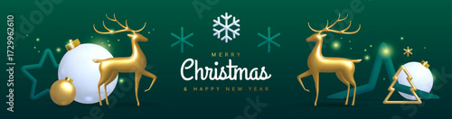 Christmas holiday green background with 3D plastic and metallic baubles, deer figurines and toys. Christmas greeting card, poster, banner. Vector illustration