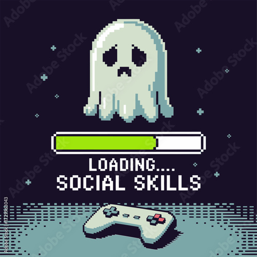 Pixel ghost loading social skills, retro game screen style, controller icon, humorous introvert meme, nostalgic arcade vector