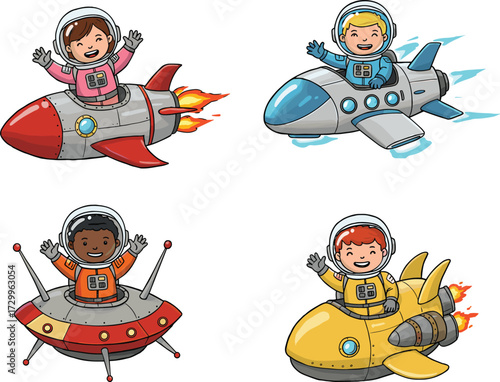 Cute cartoon astronauts flying rockets, children in space suits, spaceship and UFO illustration, kids space exploration drawing, fun cosmic adventure artwork