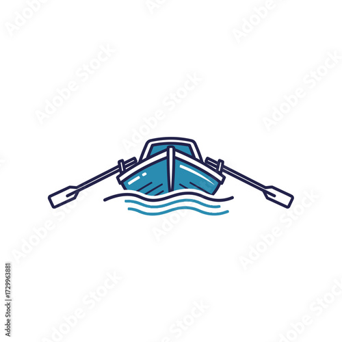 Front view of a blue rowboat with oars isolated on white background simple vector illustration