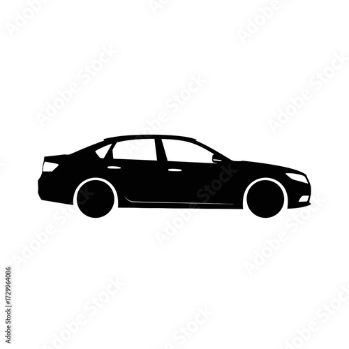 Black sedan car silhouette isolated on white background, a symbol of transportation and automotive