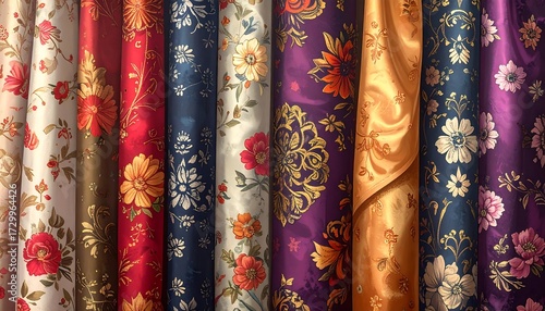 Colorful fabric rolls with floral patterns