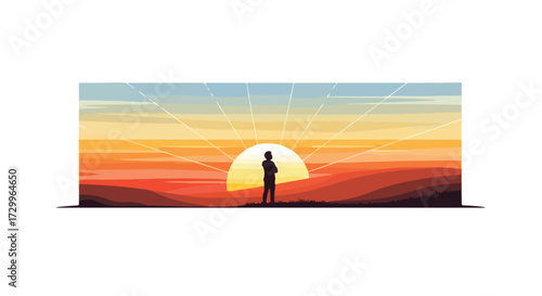 Solitary contemplation at dawn, silhouette figure embracing sunrise serenity, artistic visualization of introspective awakening with nature's