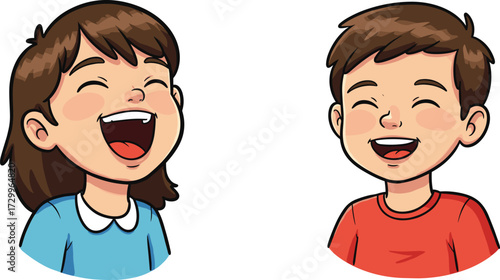 Cartoon illustration of happy laughing boy and girl faces, cheerful children smiling, joyful kids expression, cute characters, childhood happiness, fun