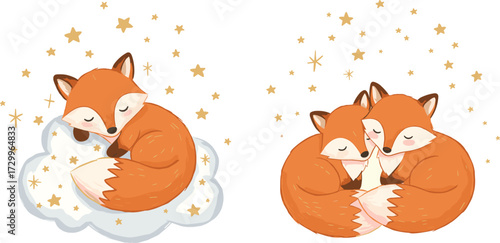 Cute sleeping fox, adorable fox family, night sky illustration, cozy woodland animals, dreamy stars, peaceful wildlife, cartoon artwork, bedtime illustration, fantasy art
