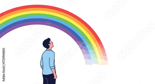 A hopeful gaze towards a vibrant rainbow, symbolizing dreams, aspirations, positivity, and the endless possibilities life holds, a colorful and